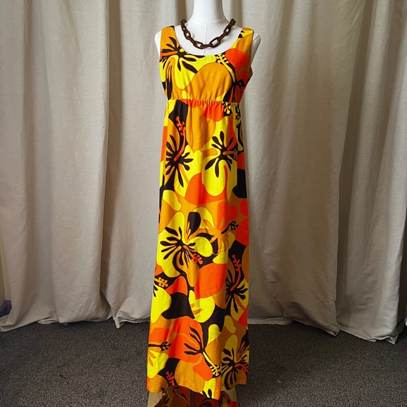 Vintage 70s Pomaré Tahiti Orange Yellow Hibiscus Maxi Dress XS Honolulu - Picture 11 of 11